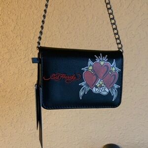 Ed Hardy Black Mini Crossbody Bag with Heart and Love Design